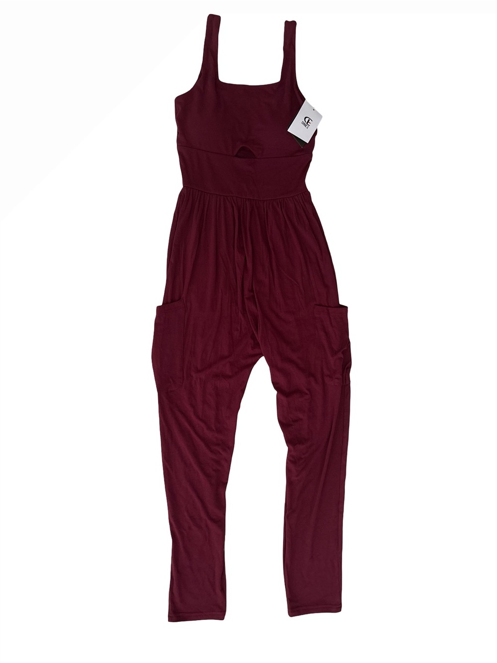 Sleeveless Burgundy Scoop-Front Jumpsuit with Side Pockets